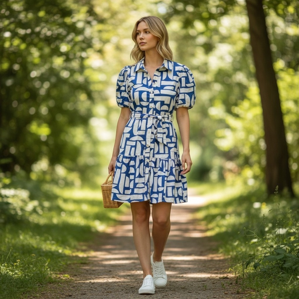 Jessica Simpson Blue White Geometric Abstract Puff Sleeve Belted Mini Dress M